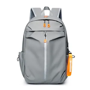 Light grey waterproof backpack with fashion straps and orange contrasting zippers