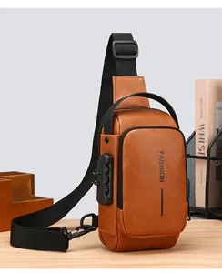 Detail of brown leather chest bag with anti-theft combination lock and USB charging port