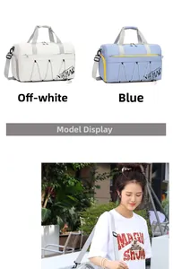 Detail of off-white and blue gym bags with adjustable straps and decorative drawstrings