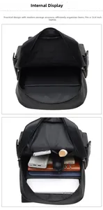 Internal display of retro leather backpack showing laptop compartment and pockets