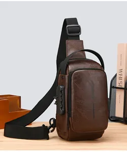 Close-up of brown PU leather sling bag showing 3-digit security lock and port