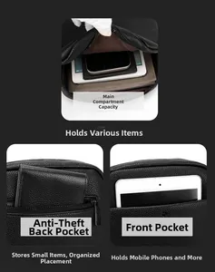 Detail of black lychee grain leather crossbody bag showing multi-pocket storage layout