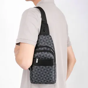 Men's geometric chest bag in dark gray with multiple zippers and wide fabric strap