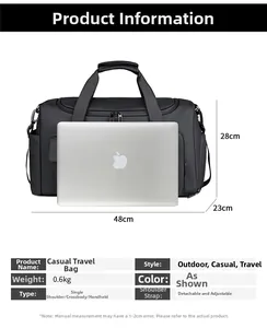 Borsone da viaggio 48x28x23cm con laptop per scala, mostra capacità e manici resistenti