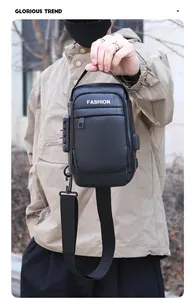 Detail of black faux leather sling bag with security combination lock and USB port