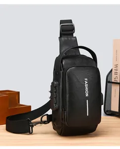 Detail of black leather chest bag with anti-theft combination lock and USB port