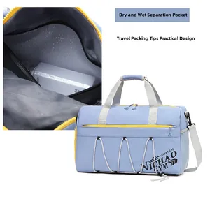 Detail view of large travel bag showing dry and wet separation pocket with waterproof lining