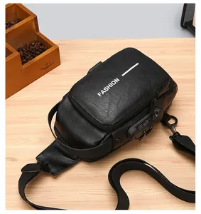Detailed view of black faux leather chest bag with anti-theft 3-digit combination lock
