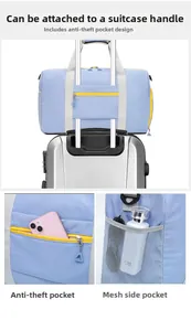 Detail of light blue travel bag featuring back trolley sleeve and anti-theft hidden pocket