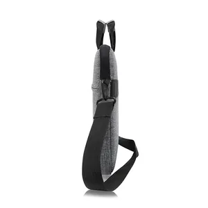 Slim grey laptop bag with black handles and adjustable shoulder strap side view details