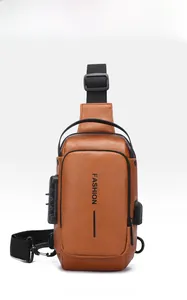 Brown PU leather sling bag detail with anti-theft combination lock and USB charging port
