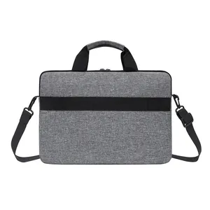 Front view of grey laptop briefcase with black handles and detachable shoulder strap