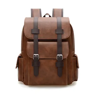 Men Vintage PU Leather Business Backpack Large Capacity Waterproof Rucksack Fits Laptop Travel Daily Casual School Bag