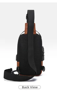 Detail view of anti-theft sling bag back with mesh fabric, USB port and security lock