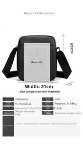 Detailed size chart for black PU leather messenger bag with iPad mini comparison