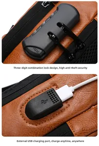 Detail of anti-theft combination lock and USB charging port on brown leather sling bag