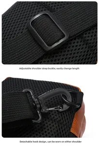 Detail of adjustable shoulder strap buckle and detachable hook for crossbody bag