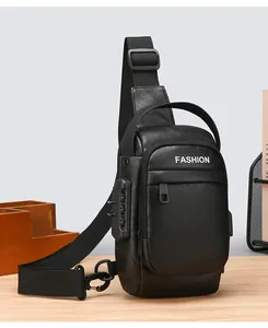 Detail view of water-resistant black chest bag with secure password lock and fashion text