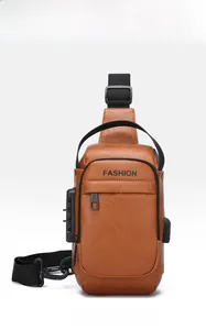 Brown faux leather chest bag showing the side security combination lock and USB charging port