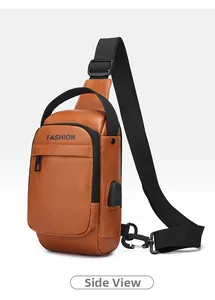 Detailed side view of brown leather chest bag with USB port and FASHION logo