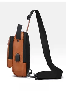 Brown PU leather chest bag side view showing external USB charging port and mesh back