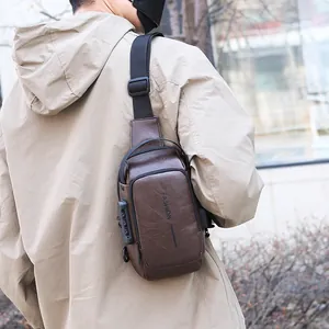 Brown leather chest bag with security combination lock and adjustable strap for men
