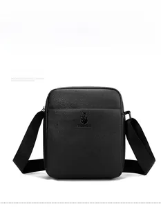 Front view detail of men's black lychee pattern leather shoulder bag with logo