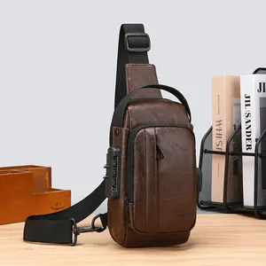 Sac de poitrine en cuir marron antivol avec serrure à code et sangle réglable