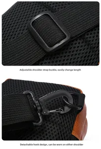 Detail of breathable mesh back, adjustable buckle and detachable swivel hook on chest bag
