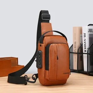 Anti-Diebstahl Herren Brusttasche Aus PU-Leder Mit Passwortschloss USB-Ladeanschluss Mode Casual Crossbody Sling Bag Schulterrucksack