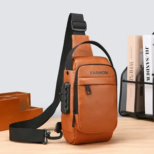 Men Casual PU Leather Chest Bag With USB Charging Port Anti-theft Combination Lock Waterproof Sling Bag Crossbody Shoulder Bag For Travel