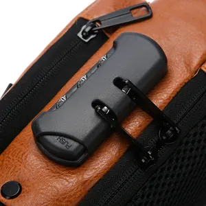 Brown leather men's chest bag with anti-theft combination lock and mesh pocket
