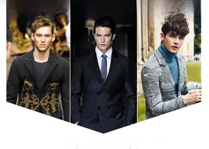 Overview of men's business fashion featuring charcoal coats and navy double-breasted suits