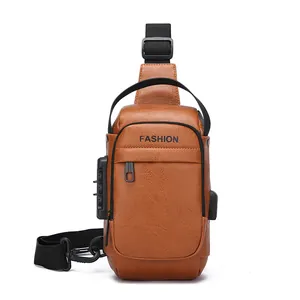Brown PU leather chest bag with USB port and anti-theft lock for men's daily commute