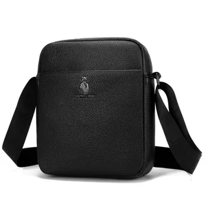 Business casual men's black crossbody bag in premium lychee pattern faux leather