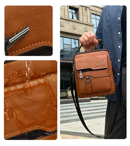 Detail view of brown leather bag showing waterproof and scratch resistant material testing