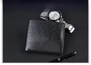 Short bi-fold black men's wallet with oil-wax leather texture and neat stitching details