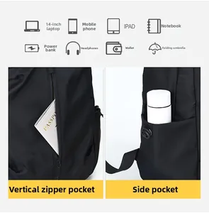 Detail view of laptop backpack storage features, vertical zipper, and side bottle pocket