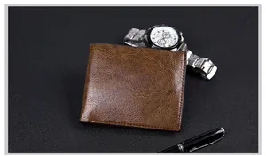 Classic dark brown bi-fold wallet for men with premium vintage leather texture and stitching