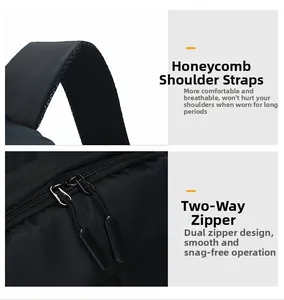 Detail of breathable honeycomb mesh shoulder straps and smooth two-way metal zippers on bag