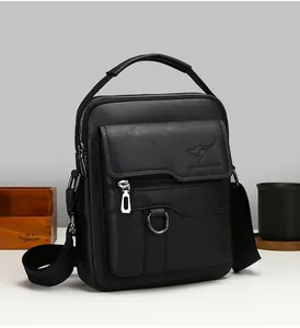 Close-up of black men's crossbody bag with metallic D-ring and kangaroo logo detail