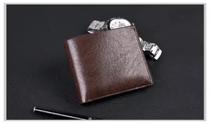 Detail view of dark brown leather wallet with pebbled texture and business accessories