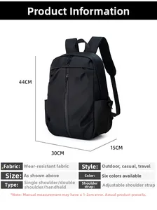 Technical drawing showing 44x30x15cm dimensions and wear-resistant fabric of this black backpack