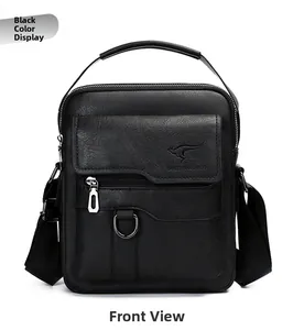 Dettaglio frontale della borsa a tracolla verticale in pelle nera Carson Kangaroo