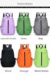 Collage of fashion travel backpacks in purple, green, grey, black, orange and lime colors