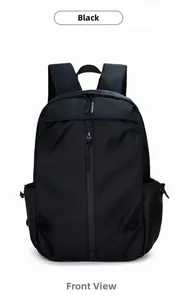 Front view of black minimalist water-resistant travel backpack with vertical zipper pocket