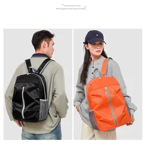 Detail view of large-capacity casual backpack with mesh side pockets and vertical zipper