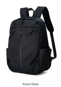 Front view of a sleek black travel backpack with vertical zipper and padded straps