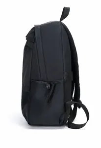 Detail of black waterproof backpack side with drawstring pocket and breathable mesh strap