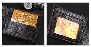 Close-up of deep brown litchi pattern leather wallet with multiple card slots and ID window